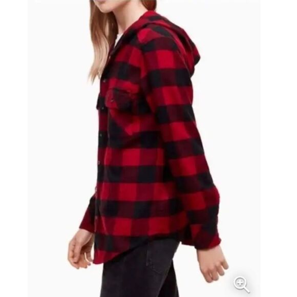 Aritzia TNA Brewster Boyfriend Hooded Buffalo Plaid Flannel Shirt Shaket M Red - Picture 4 of 16